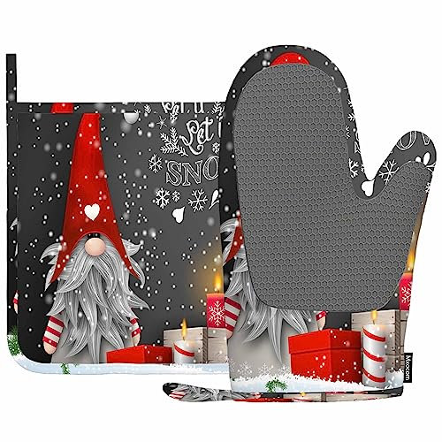 Mxocom Skandinavische Zwergtomte Ofenhandschuhe und Topflappen Sets Weihnachtskerzen Geschenkboxen Silikon Hitzebeständige Küche Ofenhandschuhe Topflappen zum Kochen
