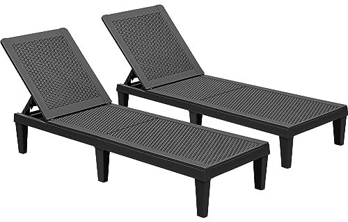 GUNJI Loungesessel für den Außenbereich, Terrasse, wasserdicht, Harz, Chaiselongue, Outdoor, verstellbare Loungesessel, Set mit 2 Poolstühlen, Sonnenliegen für Deck, Pool und Strand (schwarz)