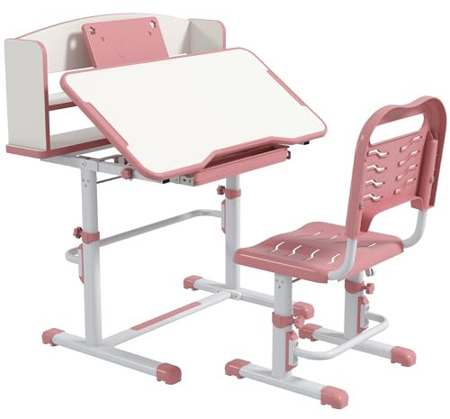ZONEKIZ Kids Desk and Chair Set, Height Adjustable Children School Study Table with Drawer, Bookshelf, Adjustable Angle Tabletop, Non-slip Mat, for Ages 6-12 Years - Pink