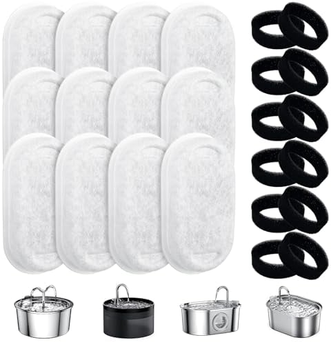 Tekenewbse Filtre Fontaine Eau Chat, 12 Pcs Filtres + 12 Pcs Éponges de Fontaine à Eau Filtres de Remplacement Rechange, Cheveux Filtrants, Carbone Activée Trois Couches Système de Filtration