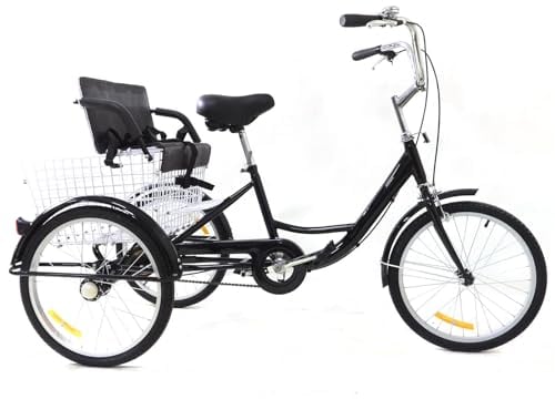 Kozivmo 20” Dreirad für Erwachsene, Trike-Fahrrad, Cruise Tricycle, Cityräder mit Kindersitz und Einkaufskorb, Einzelne Geschwindigkeit, Schwarz