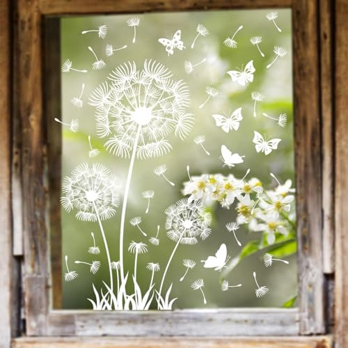 WandSticker4U®- wiederverwendbare Fensterbilder PUSTEBLUME selbstklebend weiß (85x60 cm) I Fenstersticker Blumen Frühling Fensteraufkleber Wohnzimmer Schlafzimmer Bad Küche Fenster Deko