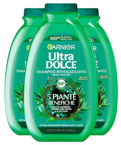 Garnier Ultra Dolce Shampoo Rivitalizzante per Tutti i Tipi di Capelli con 5 Piante Benefiche Ortica Verbena Limone Tè Verde Aloe Vera Detergente Idratante 94% di Origine Naturale - 3 Flaconi da 400ml