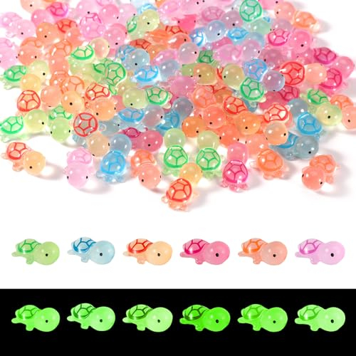 100stk Leuchtende Mini-Schildkröten-Figur, Leuchtet im Dunkeln Winzig Miniatur-Schildkröte aus Kunstharz Kleine Meerestier-Spielzeuge für Puppenhaus Aquarium Garten Dekoration (6 Farben)