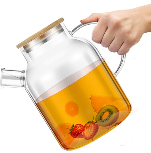 Water Jug, Glass Pitcherwith Bamboo Lid, 1800ml Large Capacity Hot Cold Water Pitcher Carafe Jug with Handle, Transparent Glass Water Pit Fridge Jug for Water, Tea, Juice, Sangria, Cocktail, Cold Brew