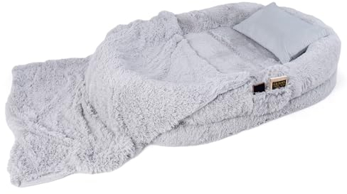 COSTWAY Hundebett für Menschen und Hunde, riesiges Human Dog Bed mit Kissen, Decke, Riemen, flauschig | waschbar | Abnehmbarer Bezug, Haustierbett für große Hunde Erwachsene, 171x115cm, Oval (Grau)