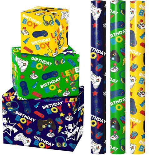WRAPAHOLIC Gaming-Geburtstags-Geschenkpapierrolle – Mini-Rolle – 3 Rollen – 43,2 cm x 308,5 cm pro Rolle – Jungen Gaming-Geburtstags-Design für Kinder, Jungen, Geburtstag, Spieleliebhaber