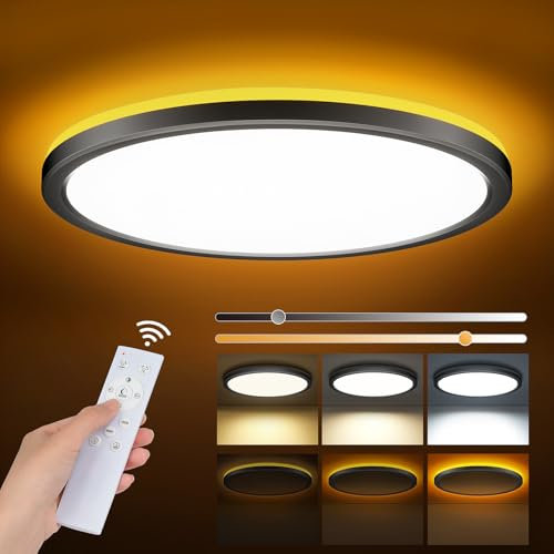 LED Deckenleuchte 24W Dimmbar, Deckenlampe Mit Fernbedienung, 1800K Nachtlicht, Panel 3000K-6500K Für Schlafzimmer, Kinderzimmer, Wohnzimmer, Flure, Küche, Badezimmer, Ø30cm, Schwarz