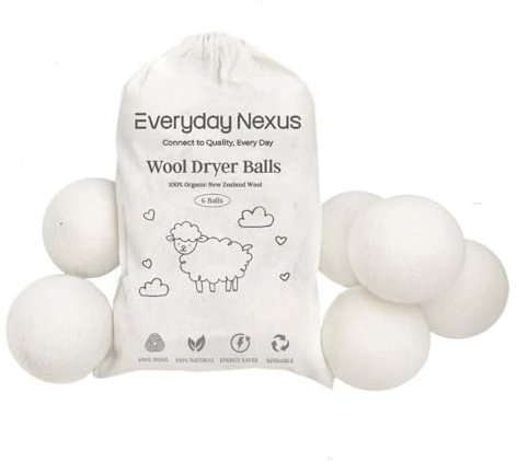 Everyday Nexus Wool Dryer Balls – Set of 6, 100% Organic New Zealand Wool, Eco-Friendly Natural Fabric Softener, Reduces Drying Time, Reusable Dryer Sheet Alternative with Cotton Bag