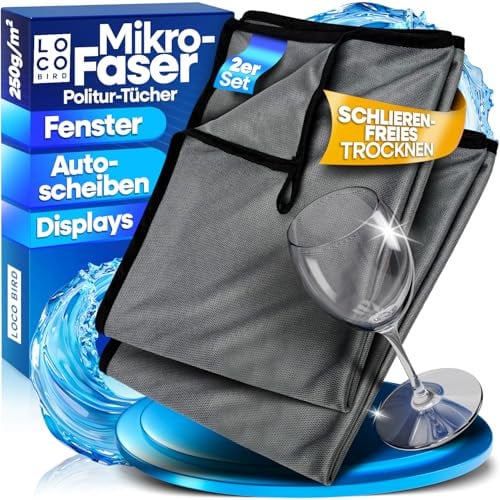LOCO BIRD Poliertuch Gläser Gastronomie - Fensterputztücher in 70x50cm - Fensterputztuch für streifenfrei Glanz, Mikrofasertücher für Fenster, fusselfreie Microfasertücher Auto, Glasreinigungstücher