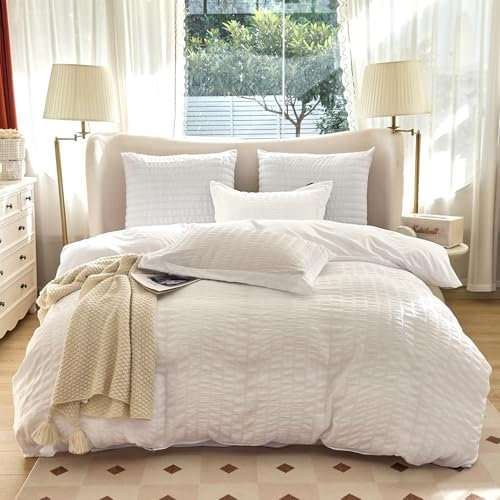 Amolavet Seersucker Bettwäsche 200x200 Weiß Streifen 3 teilig Set - Sommer Wende Bettwäsche 200x200 aus Gebürstetem Mikrofaser mit Reißverschluss - Weich und Bügelfreie Bettwäsche für Doppelbett
