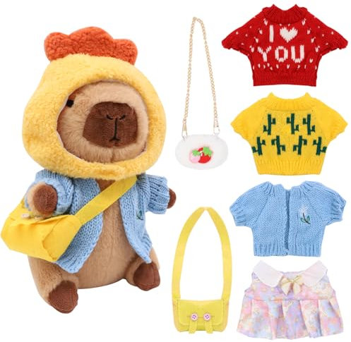 DHINCHANSAIB Capybara - Juego de 8 peluches de 23 cm con ropa y mochilas, para decoración del hogar, regalos para niños