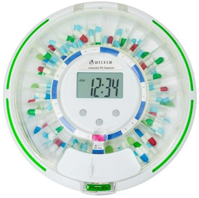 WECKEW Automatic Pill Dispenser with 28-Day Electronic Medication Organizer, 6 Dosage Templates, Easy-Read LCD Display, Sound & Light Alerts & Key for Prescriptions, Vitamins, Supplements & More