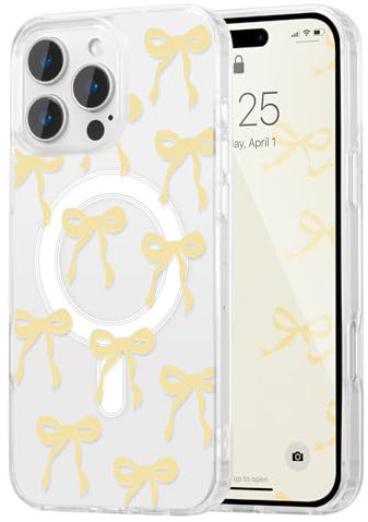 UEEBAI Magnetic for iPhone 16 Pro Max Case, Bow Case Compatible with MagSafe,Spring Feeling Wireless Slim Clear Aesthetic Cover Anti-Yellowing Protective Cover for Women Girl - Yellow