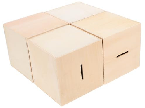 BESTonZON Unbehandelte Holz Spardosen Kinder 4 Stück Quadratisch Selbstgemacht Sparschwein zum Bemalen Spielzeug Geschenk Kinderzimmer Dekoration