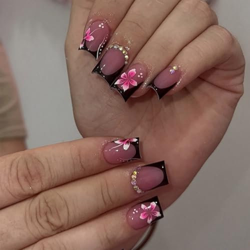 Calkkrer 24 pièces faux ongles noirs pressés, motif floral, ongles carrés courts, pointes de faux ongles ornées de cristaux