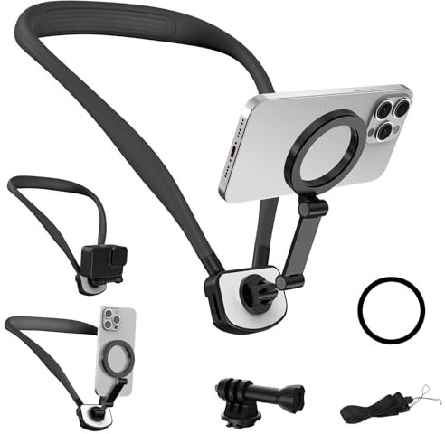 LPQKCcY Magnetic Neck Mount for All Phones Camera, Multiple Angles Neck Phone Holder POV/Vlog Filming Selfie Mount Hand Free Kit Chest Stand Strap Video Recording for GoPro for DJI (Black)