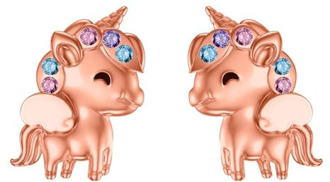 Flpruy Einhorn Ohrringe für Mädchen - 925 Sterling Silber, Einhorn Schmuck, Regenbogen Kristall, Kindertag Geschenk für Mädchen, Damen, Tochter (Rose)
