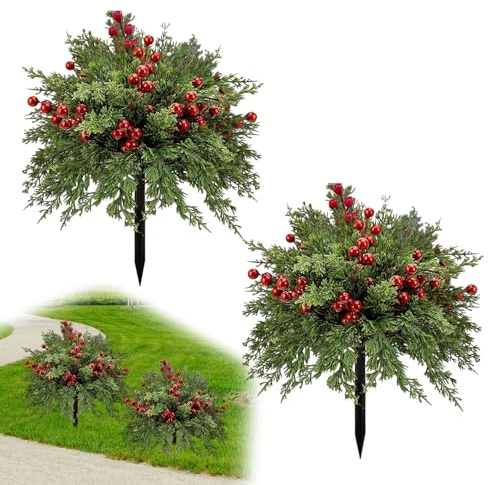 Set of 2 23'' Artificial Christmas Topiary Ball Flowers for Outdoor Decoration Christmas Artificial Pine Branches with Red Berry Stems,Faux Evergreen Norfolk Pine Cypress Leaves Stems for Garden