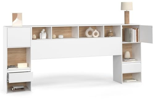 IDMarket - Tête de lit sur Pied CAMPHA 240 cm avec chevets tiroir + placards + niches Bois et Blanc