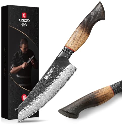 XINZUO 5.7 Inch Damascus Small Santoku Knife,67-Layer Damascus Steel Stay Sharp Multi-Purpose Kitchen Knives for Meat,Vegetables & All Tasks with White Oak + Red G10 Gasket Handle