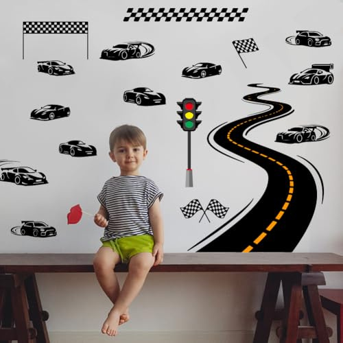 SUPERDANT Wandtattoo Rennautobahn Wandsticker Rennstrecke Selbstklebende Vinyl Dekoration Wandaufkleber Vinyl Wandsticker für Kinderzimmer Wohnzimmer Spielzimmer Dekor