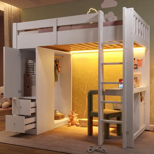 boorbin Letto a soppalco da 90 x 200 cm, con 4 cassetti e 1 armadietto, scrivania sotto il letto, armadio aperto, luce LED e USB, bianco (90 x 200 cm)