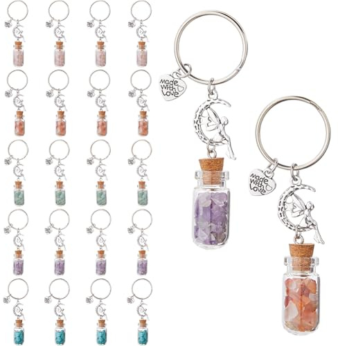DICOSMETIC Lot de 20 porte-clés en forme de bouteille de vœux en verre avec breloques féériques - 5 styles - Avec remplissage de bocal à souhaits - Cadeau de Saint-Valentin pour femme