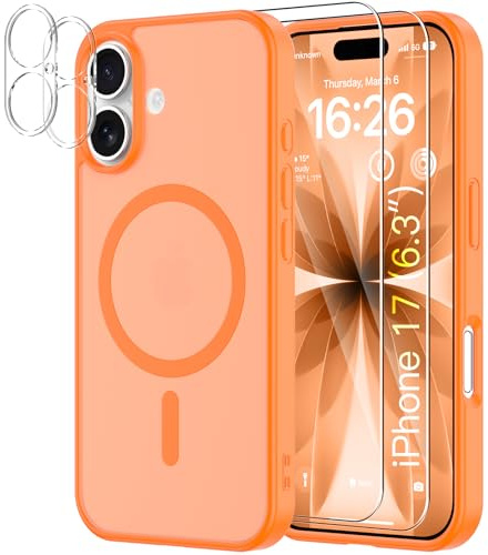 YNMEacc 5 in 1 Magnetic for iPhone 17 Case 6.3-Inch with 2X Screen Protector + 2X Lens Protector, [Compatible with MagSafe] Military-Grade Protection, Slim Shockproof Anti-Scratch Cover - Orange