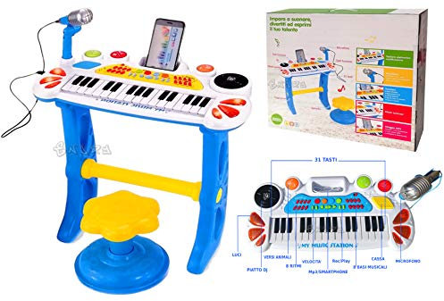 Pianola Giocattolo Tastiera Elettronica con Microfono e Sgabello Incluso Alloggiamento e Ingresso Mp3/Smartphone e piatto Dj