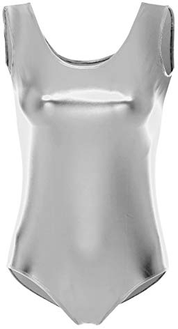 FYMNSI Damen Gl?nzende Ballettanzug Ballettbody Sport Tanz Body Gymnastikanzug Trikot ?rmellos Bodysuit Metallic Wetlook Einteiler Turnanzug Leotard Overall Lack Leder Oberteile Top Kost?me Silber M