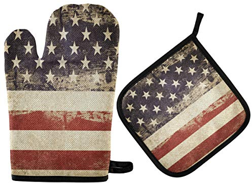 HMZXZ RXYY Amerikanisch USA Flagge Star Ofenhandschuhe Gesteppt Baumwolle Beschichtung Topflappen BBQ Handschuhe-Ofenhandschuhe Hitzebeständig Küche Sicher Matten für Backen Kochen