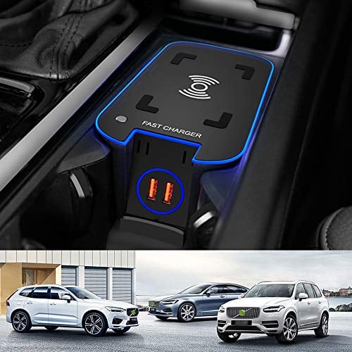 Wireless Car Charger for Volvo XC90 XC60 S90 V90 V60 S60 2021 2020 2019 Center Console Accessory Panel, 15W QC3.0 Fast Charging Phone Charger Pad with Dual 18W USB Ports for Any Qi Phone
