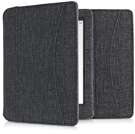 kwmobile Flip-Cover Compatibile con Kobo Aura Edition 1 - Full-Case Anti-graffio con Porta-Carte Fascia Prensile - Tessuto Grigio Scuro