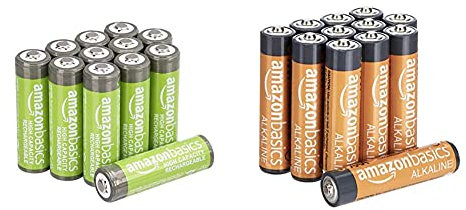 Amazon Basics Piles Rechargeables AA Haute capacité 2400 mAh (Lot de 12) - Pré-chargées & Lot de 12 Piles alcalines Type AAA 1,5 V 1340 mAh (Design Variable)