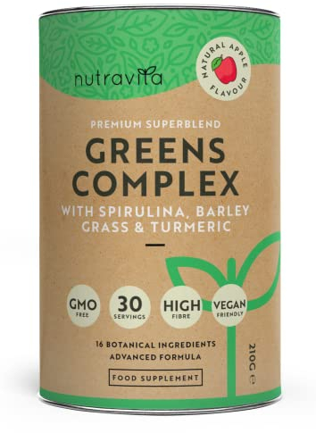 Super Greens Pulver-Komplex - Natürlicher Apfelgeschmack - Premium-Superfood-Pulvermischung mit Spirulina, Gerstengras und Kurkuma - Ballaststoffreich, Vegan und GMO-frei - Hergestellt von Nutravita