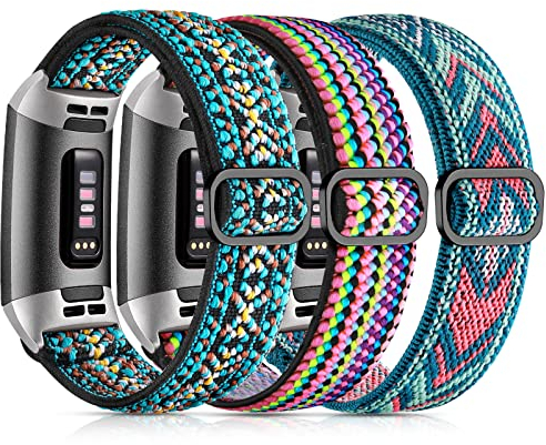 Epova 3 Stück Nylon Armband Kompatibel mit Fitbit Charge 3 Armband/Fitbit Charge 4 Armband, Atmungsaktives Verstellbarer Dehnbarer Stoff Ersatzarmband für Charge 4/Charge 3, Damen Herren
