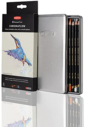 Derwent National Trust 2306103 Lot de 12 crayons Chromaflow dans une boîte métallique avec noyau de 3,5 mm et texture lisse pour dessin, coloriage et superposition, qualité professionnelle