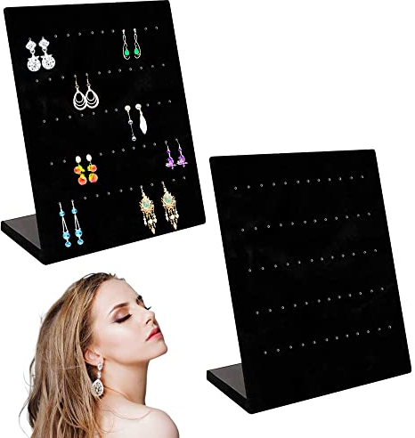 QINERSAW 2er Set Samt Ohrring Halter Organizer - Aufbewahrung Halterung Ständer für Ohrstecker Schmuckdisplay - 60 Löcher Schwarz