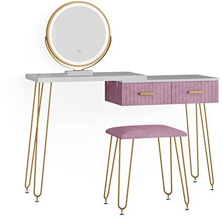 Vicco Schminktisch Zoey, Weiß/Rosa, 120 cm mit LED Beleuchtung und Hocker