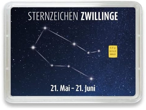 Goldstücke24 - Goldbarren mit Sternzeichen in Motivbox - Tolle Geschenkidee - Echtheitsgarantie (Zwillinge: 21. Mai - 21. Juni, 0,5g Gold)