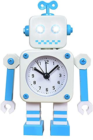 Diskary Robot Réveil, horloge de réveil non cotant en métal en acier inoxydable avec des lumières oculaires clignotantes et un bras rotatif, cadeau aux enfants (rouge rouge) ( Color : White Blue )