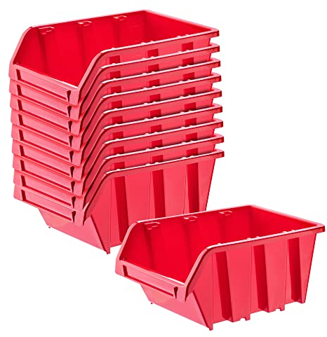 Kadax Scatole portaoggetti da parete, impilabili, in plastica, ideali per organizzare i tuoi utensili, contenitori a becco per garage (confezione da 10: rosso, 290 x 200 mm)
