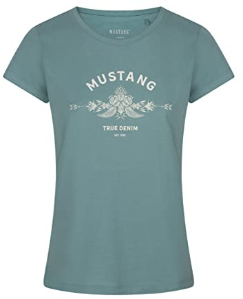 MUSTANG Damen T-Shirt Rundhals O-Neck Basic Kurzarm Logo Print Sommer Shirt 100% Baumwolle Weiß Blau Grün Rot S M L XL XXL, Größe:M, Farbe:Türkis (1014031-6236)