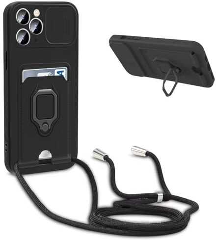 FMPCUON Custodia con Regolabile Collana per Apple iPhone 11 Pro con Slot per Scheda,Slidable Protezione Fotocamera Slot Carte 360° Anello Supporto,Nero
