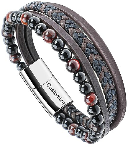 Casisto.J Lederarmband Herren Armband Schwarz mit Magnet Verschluss, Naturstein Geflochten Echtleder Armbänder für Männer zum Vatertag Geburtstag Weinachtstag