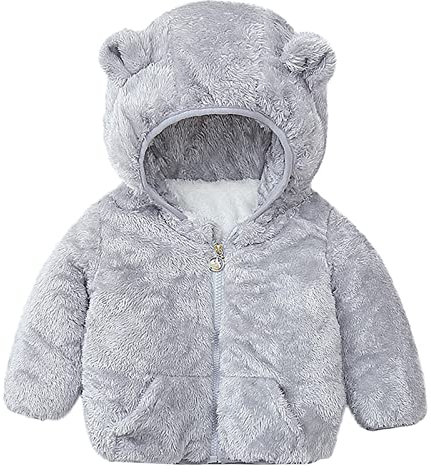 BILIKEYU Manteau à capuche d'hiver coupe-vent solide avec oreilles d'ours pour enfant avec veste de poche vêtements d'extérieur en polaire chaude combinaison de neige bébé 68, gris, 12-18 mois