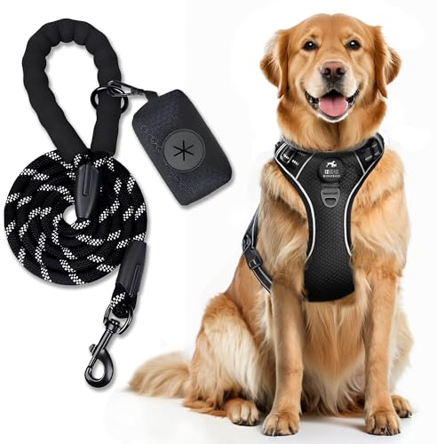 BINOBOO hundegeschirr mittelgroße Hunde, Anti Zug Hundegeschirr, No Pull Verstellbar Hundegeschirr Set mit Leine und Kotbeuteln,Atmungsaktives reflektierendes Brustgeschirr,Schwarz M