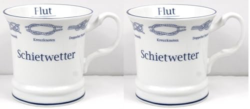 Generisch 2er Set Porzellan Becher Knoten Schietwetter Ebbe Flut 350ml Kapitänsbecher maritimer Kaffeebecher