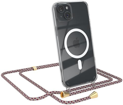 EAZY CASE - Handykette kompatibel mit iPhone 15 Plus Kette zum Umhängen Stoßfest Handyhülle für iPhone 15 Plus Silikon Hülle mit Band Handytasche Transparent als Fallschutz in Rot Camouflage